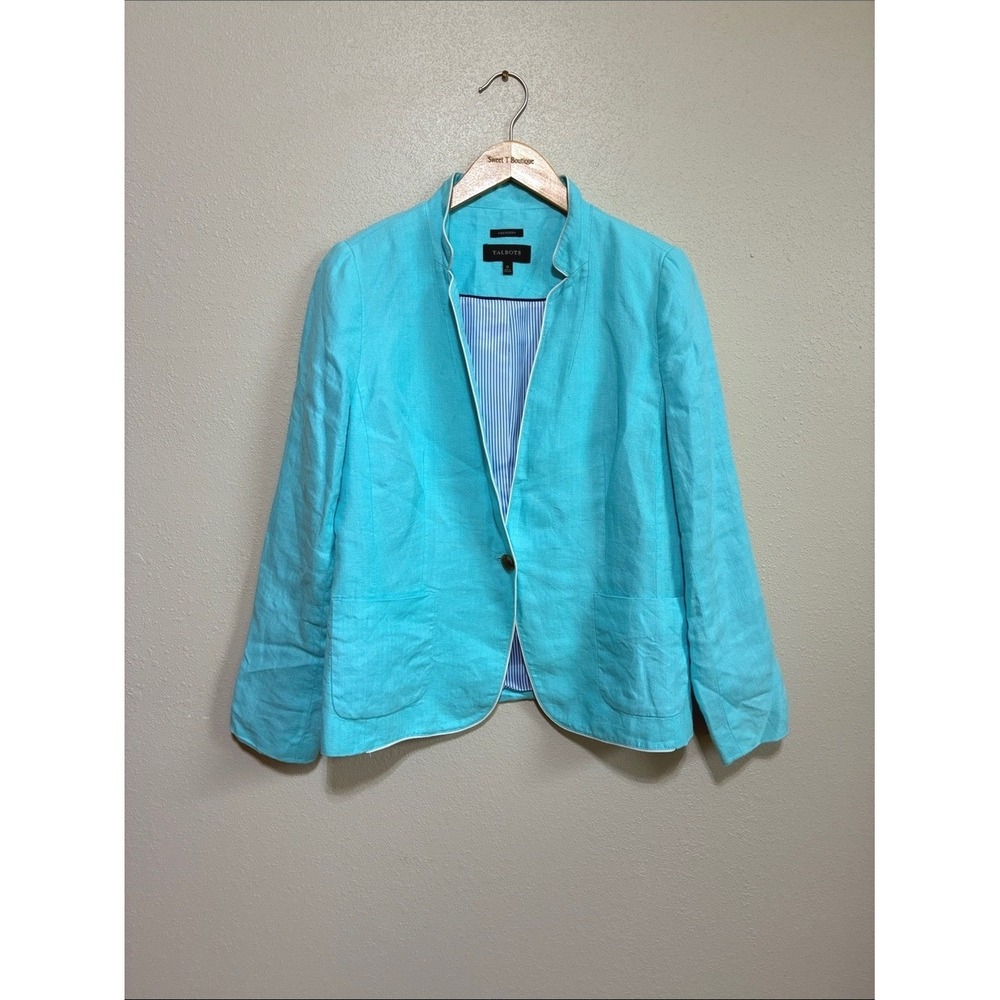 Talbots Size 10 Turquoise Aberdeen Linen Blazer Classic Spring Office Career